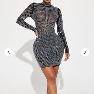 Fashion Nova Black and Silver Long Sleeve Dress